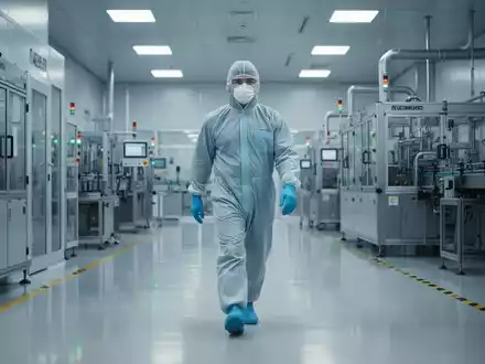 Ein Industriearbeiter in moderner Schutzkleidung geht durch eine saubere, hochtechnologische Fabrikhalle mit Maschinen. - Foto: über boerse-global.de