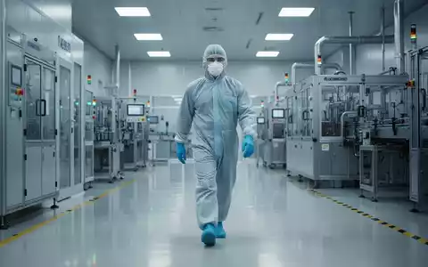 Ein Industriearbeiter in moderner Schutzkleidung geht durch eine saubere, hochtechnologische Fabrikhalle mit Maschinen. - Foto: über boerse-global.de