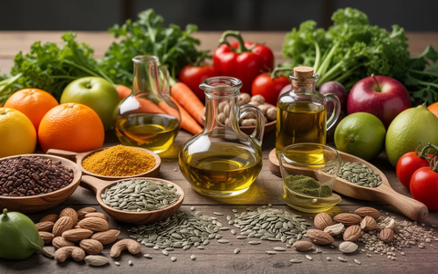 Nahaufnahme einer appetitlichen Anordnung gesunder Lebensmittel wie Gemüse, Obst, Nüsse und Öle auf einem Holztisch. - Foto: über boerse-global.de
