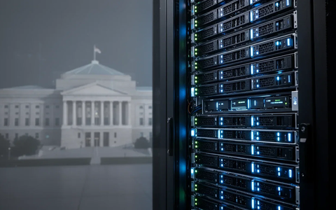 Ein Server-Rack mit blauen Lichtern, das Technologie und sichere Daten darstellt, mit einer verschwommenen Silhouette des Pentagons im Hintergrund. - Foto: über boerse-global.de