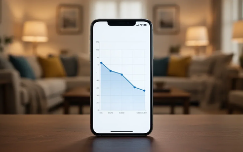Ein Smartphone-Bildschirm zeigt einen Abwärtstrend, der auf eine verringerte Internetnutzung in einem gemütlichen Wohnzimmer hinweist. - Foto: über boerse-global.de