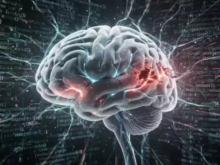 A stylized digital brain with some dimming neural pathways, overlaid on abstract coding and data streams, symbolizing AI performance degradation. - Foto: über boerse-global.de