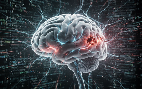 A stylized digital brain with some dimming neural pathways, overlaid on abstract coding and data streams, symbolizing AI performance degradation. - Foto: über boerse-global.de