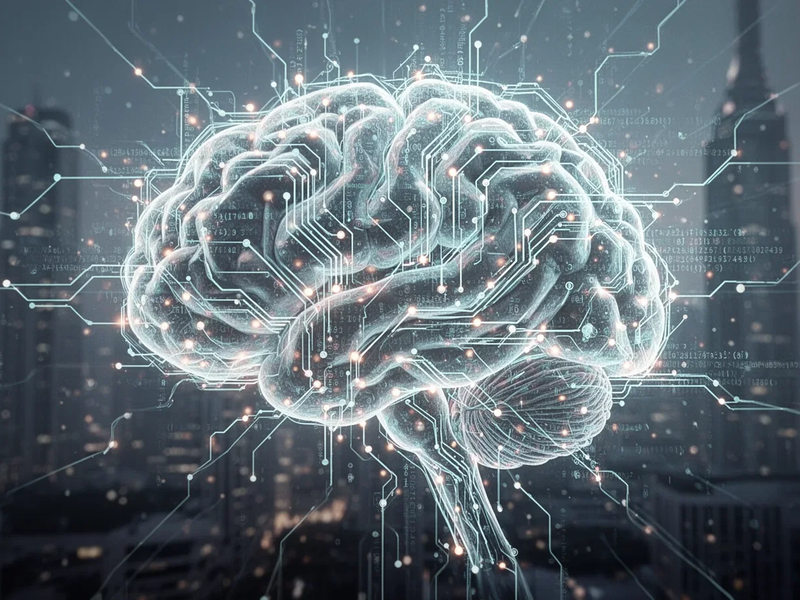 A glowing, complex neural network with intricate circuits and flowing code, symbolizing AI self-improvement and accelerated development. - Foto: über boerse-global.de
