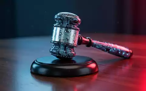 A high-tech gavel with circuit patterns, glowing blue and red, on a wooden surface, representing AI regulation and lawmaking. - Foto: über boerse-global.de