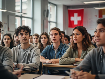 Junge Erwachsene in einem modernen Klassenzimmer, die aufmerksam zuhören oder diskutieren, mit einem Hauch von Schweizer Kontext. - Foto: über boerse-global.de