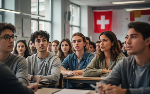 Junge Erwachsene in einem modernen Klassenzimmer, die aufmerksam zuhören oder diskutieren, mit einem Hauch von Schweizer Kontext. - Foto: über boerse-global.de