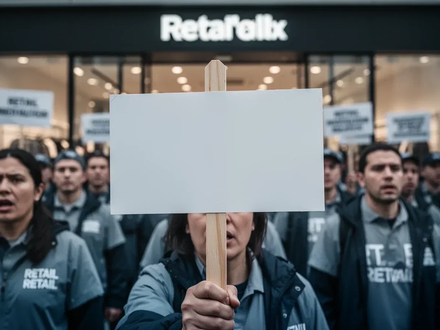 Nahaufnahme eines leeren Streikschildes mit verschwommenen Einzelhandelsmitarbeitern im Hintergrund, die vor einem Geschäft demonstrieren. - Foto: über boerse-global.de