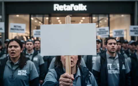 Nahaufnahme eines leeren Streikschildes mit verschwommenen Einzelhandelsmitarbeitern im Hintergrund, die vor einem Geschäft demonstrieren. - Foto: über boerse-global.de