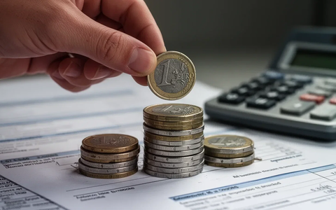 Eine Hand legt eine alte Euromünze auf einen Stapel schrumpfender Euromünzen mit verschwommenen Finanzdokumenten im Hintergrund. - Foto: über boerse-global.de