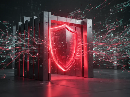 Eine stilisierte Darstellung von digitalen Daten, die auf eine sichere, rot leuchtende Firewall treffen, die Kontrolle symbolisiert. - Foto: über boerse-global.de