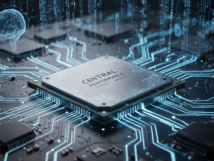 Close-up of a high-performance CPU on a circuit board, with glowing blue lines and abstract data streams in the background. - Foto: über boerse-global.de