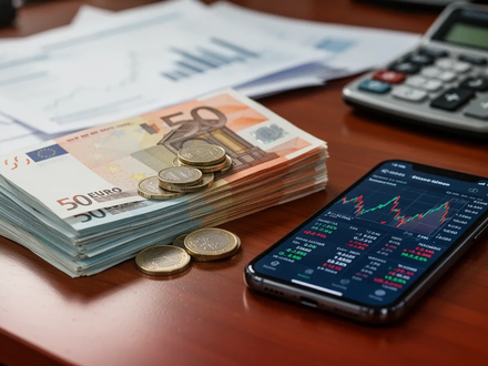 Nahaufnahme von Euro-Banknoten und Münzen auf einem Holztisch, daneben ein Smartphone mit Börsen-App. Im Hintergrund unscharfe Dokumente. - Foto: über boerse-global.de