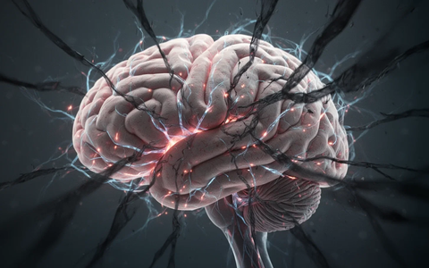 Ein stilisiertes Gehirn mit leuchtenden neuronalen Pfaden, überlagert von einer abstrakten Darstellung von Stress. - Foto: über boerse-global.de