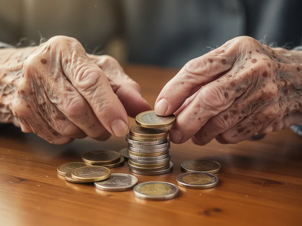 Nahaufnahme der Hände einer älteren Person, die Euro-Münzen zählt, auf einem Holztisch. - Foto: über boerse-global.de