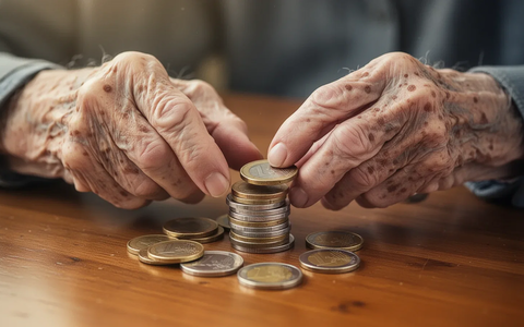 Nahaufnahme der Hände einer älteren Person, die Euro-Münzen zählt, auf einem Holztisch. - Foto: über boerse-global.de