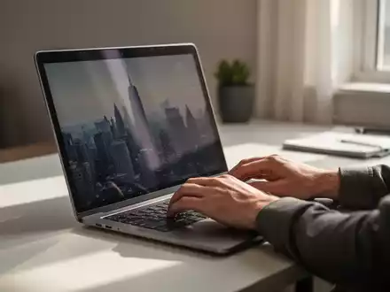 Hände tippen auf einem Laptop in einem modernen Homeoffice, mit Sonnenlicht und der Reflexion einer Stadt auf dem Bildschirm. - Foto: über boerse-global.de