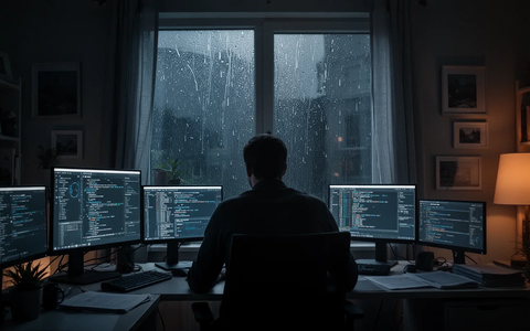 Eine einsame Person blickt aus einem Fenster in einem dunklen Heimbüro, umgeben von Bildschirmen. Regen läuft die Scheibe herunter. - Foto: über boerse-global.de