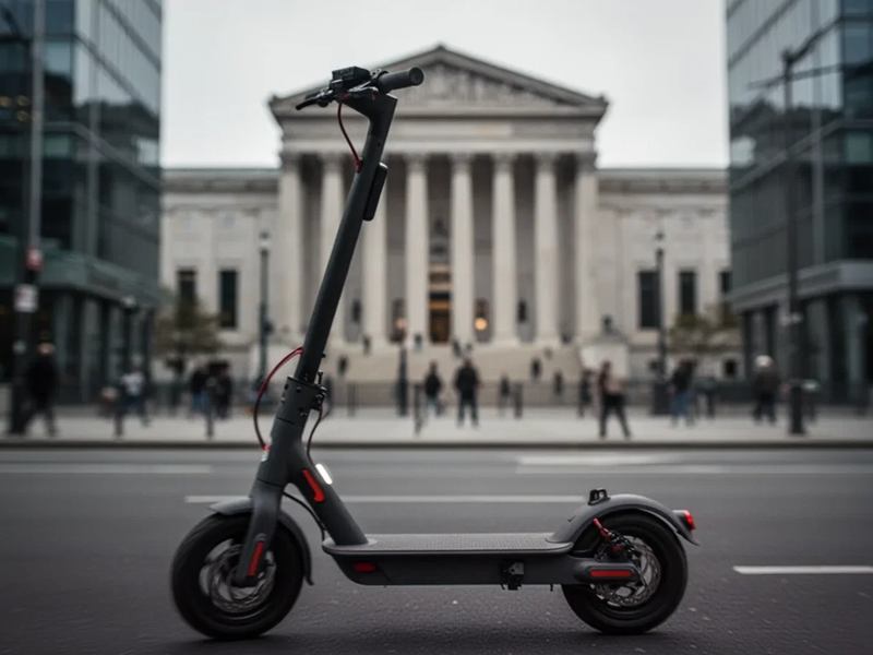 Ein unscharfer E-Scooter im Vordergrund einer Stadtlandschaft, mit verschwommenen Regierungsgebäuden im Hintergrund, symbolisiert neue Haftungsregeln. - Foto: über boerse-global.de