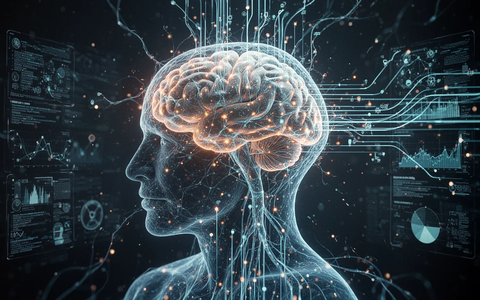 Ein stilisierter menschlicher Kopf aus leuchtenden neuronalen Netzwerken, mit Datenströmen, die hineinfließen, symbolisiert mentale Fitness. - Foto: über boerse-global.de