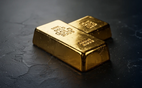 Nahaufnahme eines einzelnen glänzenden Goldbarrens, der auf einer dunklen, texturierten Oberfläche liegt und Licht reflektiert. - Foto: über boerse-global.de