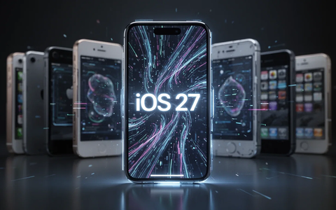 A glowing iPhone displaying 'iOS 27' on its screen, surrounded by older, blurred iPhones, symbolizing technology evolution. - Foto: über boerse-global.de
