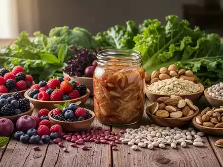 Eine bunte Auswahl an gesunden Lebensmitteln wie Beeren, Nüssen, Hülsenfrüchten und fermentierten Produkten auf einem Holztisch. - Foto: über boerse-global.de