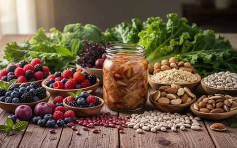 Eine bunte Auswahl an gesunden Lebensmitteln wie Beeren, Nüssen, Hülsenfrüchten und fermentierten Produkten auf einem Holztisch. - Foto: über boerse-global.de