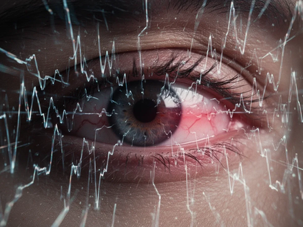 Abstrakte Darstellung visueller Störungen, mit flimmernden, zackigen Linien über einem unscharfen menschlichen Auge, das Anspannung zeigt. - Foto: über boerse-global.de