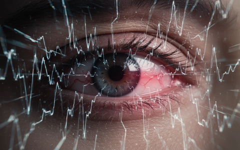 Abstrakte Darstellung visueller Störungen, mit flimmernden, zackigen Linien über einem unscharfen menschlichen Auge, das Anspannung zeigt. - Foto: über boerse-global.de