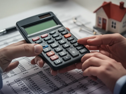 Hände halten einen Taschenrechner über einem Finanzdokument mit Zahlen, einem Stift und einer kleinen Hausfigur im Hintergrund. - Foto: über boerse-global.de