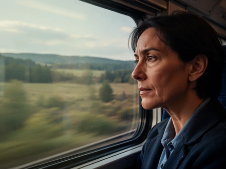 Eine Person sitzt nachdenklich am Fenster eines fahrenden Zuges und blickt auf die verschwommene Landschaft. - Foto: über boerse-global.de
