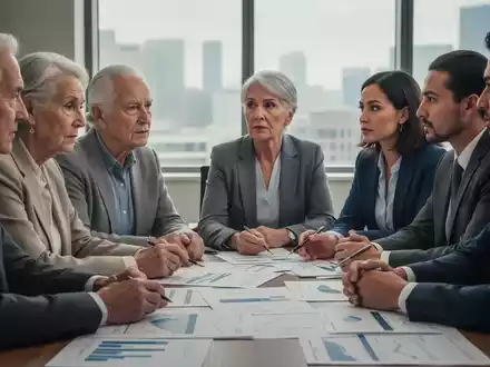 Eine Gruppe von Menschen, darunter Senioren und Fachleute, diskutiert an einem Tisch mit Dokumenten, die finanzielle Reformen symbolisieren. - Foto: über boerse-global.de