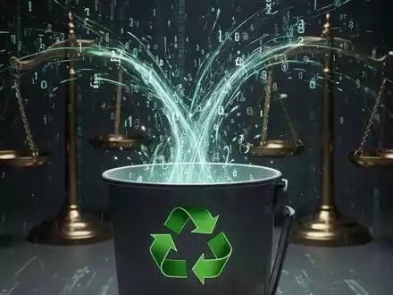 Eine stilisierte Darstellung von digitalen Daten, die in einen Recyclingbehälter fliessen, mit Waage im Hintergrund. - Foto: über boerse-global.de