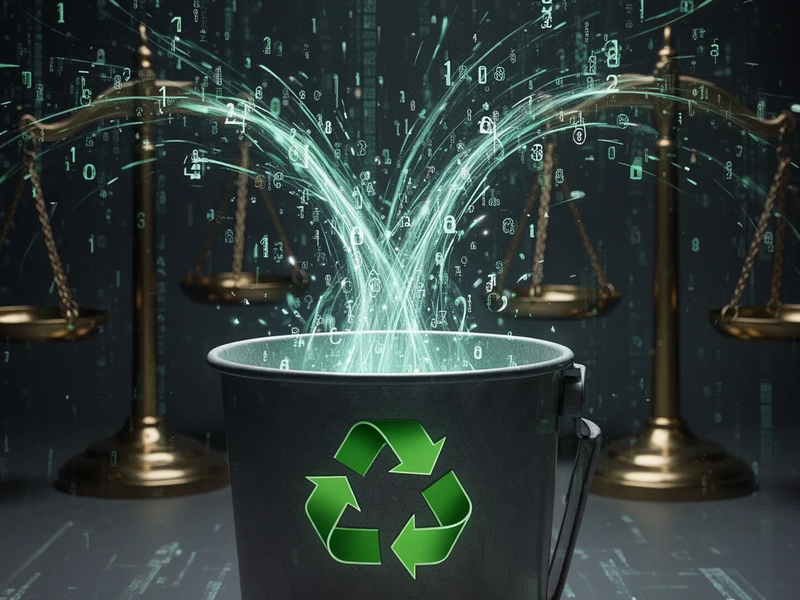 Eine stilisierte Darstellung von digitalen Daten, die in einen Recyclingbehälter fliessen, mit Waage im Hintergrund. - Foto: über boerse-global.de