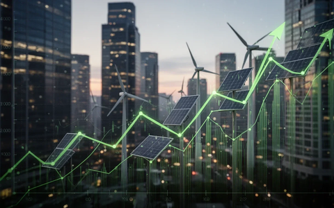 Grafische Darstellung von Finanzdaten und Wachstum mit grünen Energiemotiven vor einem Stadtbild bei Sonnenuntergang. - Foto: über boerse-global.de