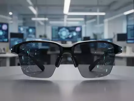 Close-up of sleek, black, futuristic smart glasses against a blurred high-tech office background, symbolizing innovation and strategy shift. - Foto: über boerse-global.de