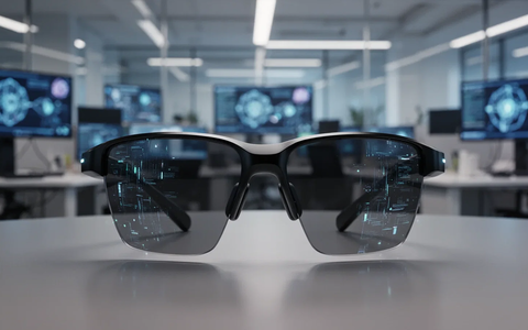 Close-up of sleek, black, futuristic smart glasses against a blurred high-tech office background, symbolizing innovation and strategy shift. - Foto: über boerse-global.de