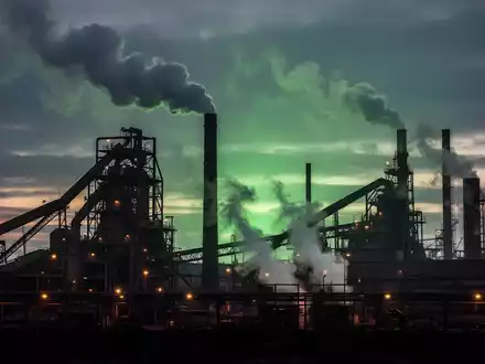 Eine Industriallandschaft eines Stahlwerks bei Sonnenuntergang, mit rauchenden Schornsteinen und einem grünen Schimmer am Himmel. - Foto: über boerse-global.de