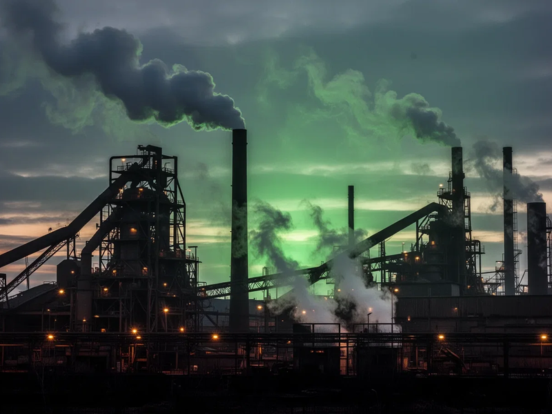 Eine Industriallandschaft eines Stahlwerks bei Sonnenuntergang, mit rauchenden Schornsteinen und einem grünen Schimmer am Himmel. - Foto: über boerse-global.de
