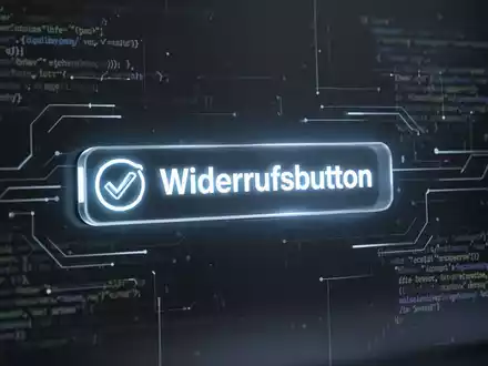 Ein leuchtender 'Widerrufsbutton' auf einer digitalen Oberfläche, umgeben von Datenströmen, symbolisiert neue E-Commerce-Regulierungen. - Foto: über boerse-global.de