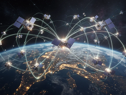 Ein Netzwerk kleiner, leuchtender Satelliten, die die Erde umkreisen und durch Lichtstrahlen verbunden sind, symbolisiert Wachstum. - Foto: über boerse-global.de
