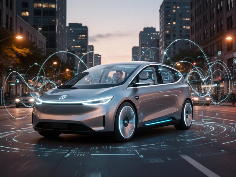 Sleek autonomous vehicle driving on a city street at dusk, with digital overlays suggesting data and connectivity. - Foto: über boerse-global.de