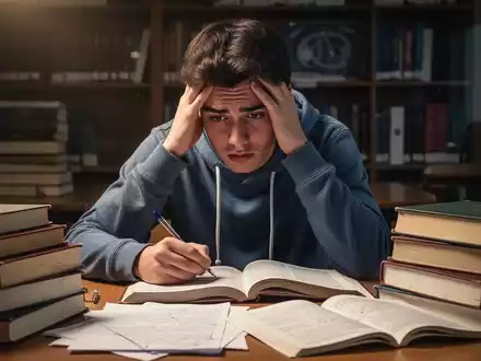Ein gestresster Universitätsstudent beim Lernen, umgeben von Lehrbüchern und Notizen. - Foto: über boerse-global.de