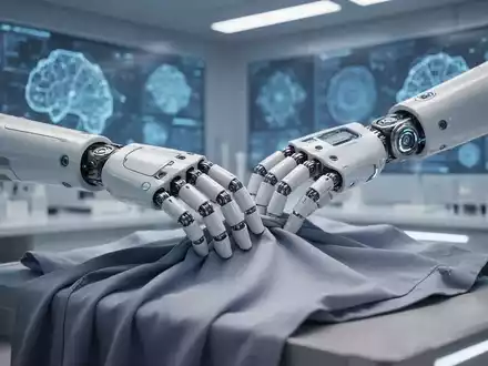 A humanoid robot hand precisely folds a white cloth, illuminated by soft light in a futuristic lab, symbolizing advanced AI robotics. - Foto: über boerse-global.de