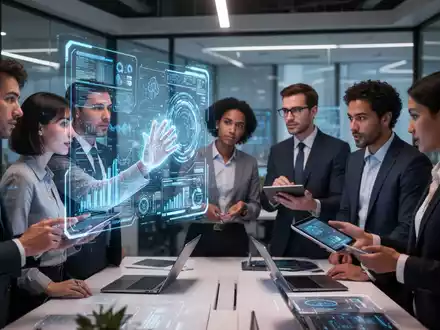 Mitarbeiter arbeiten in einem modernen Büro mit Technologie und KI-Tools, die Daten und Zusammenarbeit symbolisieren. - Foto: über boerse-global.de