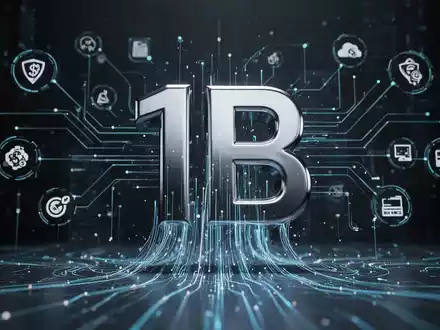 Eine stilisierte Darstellung von Daten, die in ein glänzendes '1B'-Symbol fließen, mit digitalen Linien, die Service-Icons verbinden. - Foto: über boerse-global.de