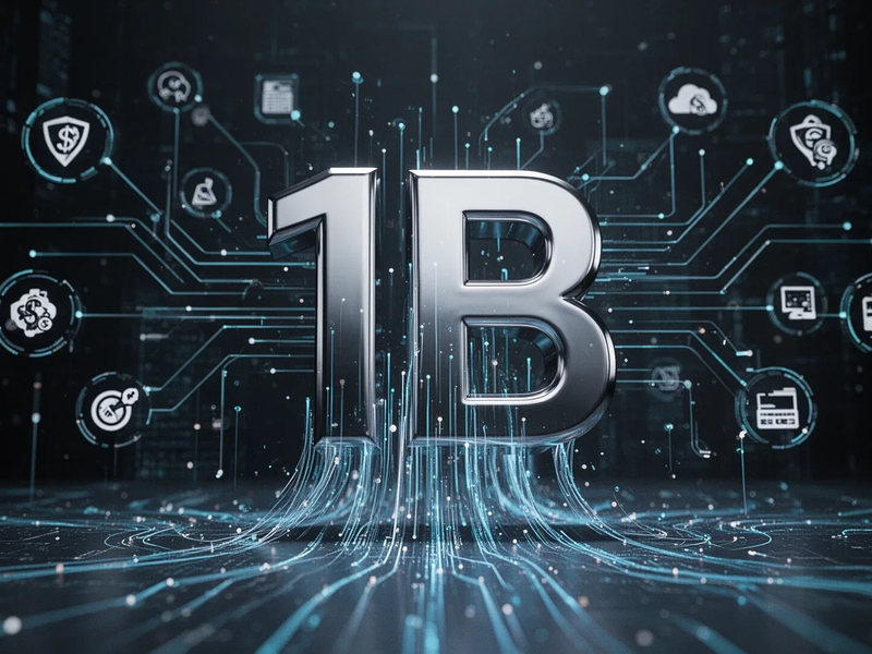 Eine stilisierte Darstellung von Daten, die in ein glänzendes '1B'-Symbol fließen, mit digitalen Linien, die Service-Icons verbinden. - Foto: über boerse-global.de