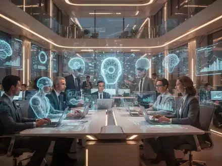Eine futuristische Büroumgebung, in der Menschen mit KI-Schnittstellen und holografischen Displays zusammenarbeiten, symbolisiert den Wandel der Arbeitswelt. - Foto: über boerse-global.de