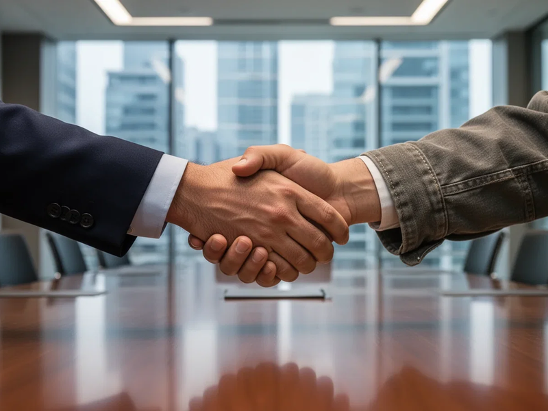 Zwei Hände, eine im Anzug und eine in Arbeitskleidung, reichen sich über einem Konferenztisch die Hand. - Foto: über boerse-global.de
